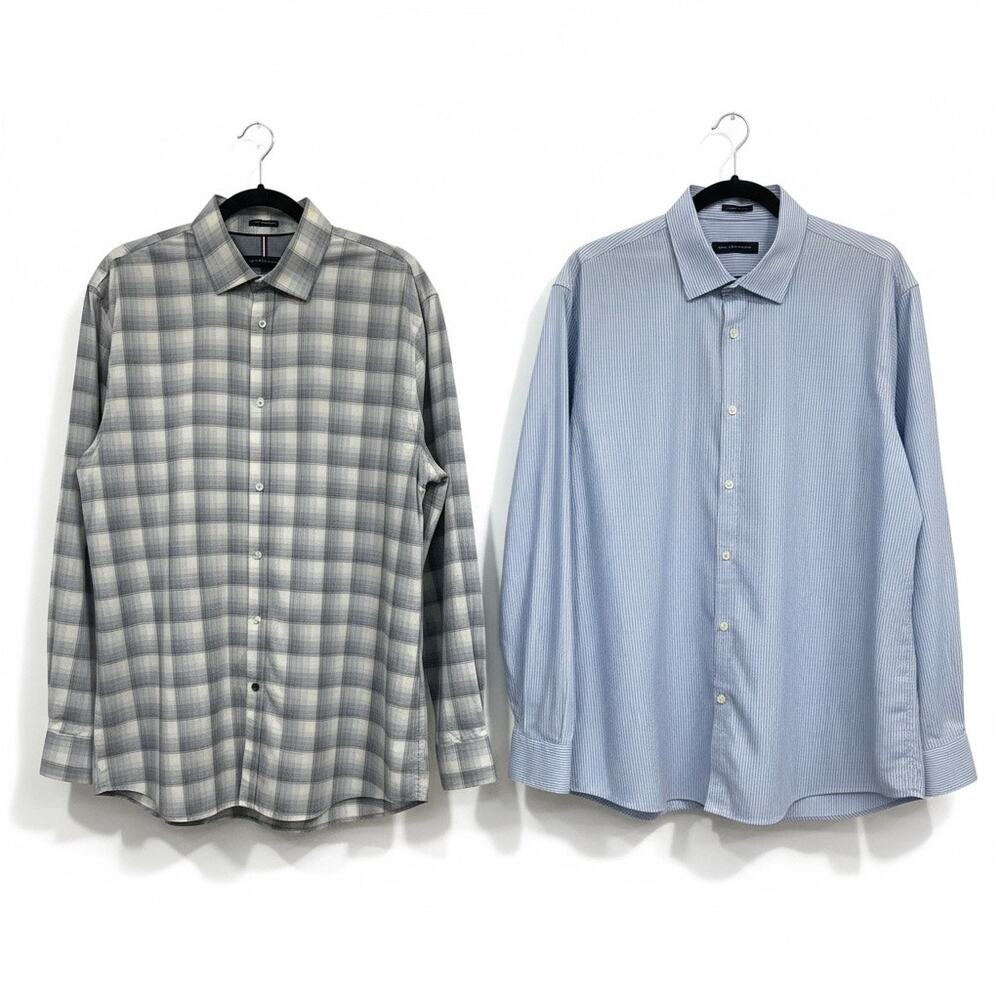 Tommy Hilfiger Men's Dress Shirt Bundle - Blue Stripe & Grey Plaid Size 17 32/33